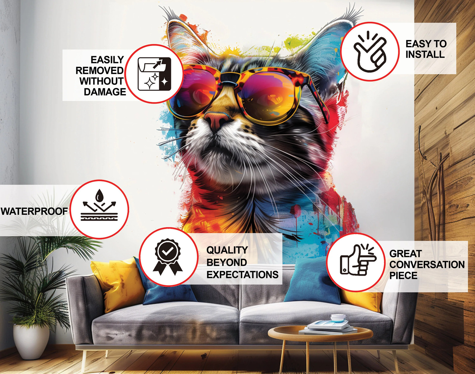 Colorful Maine Coon Cat Wall Sticker with Sunglasses – Modern Kittent Art Decal