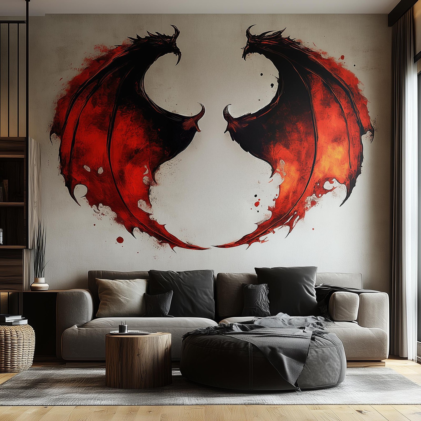 Dragon Wing Wall Sticker | Fiery Red and Black Fantasy Decal Decor | Wall Art