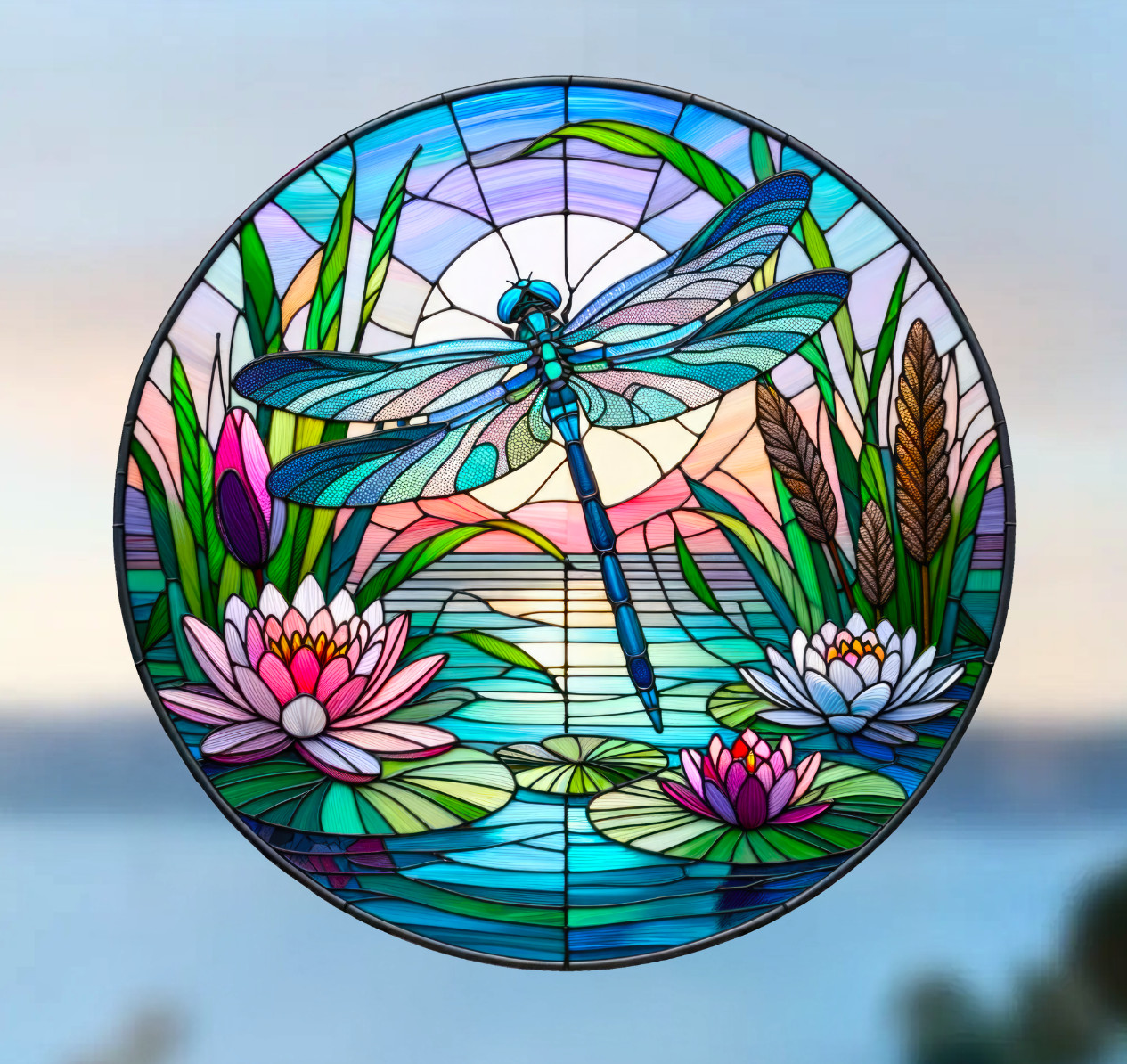 Dragonfly Water Lily Faux Stained-Glass WINDOW CLING Sun-catcher Size 8" Round
