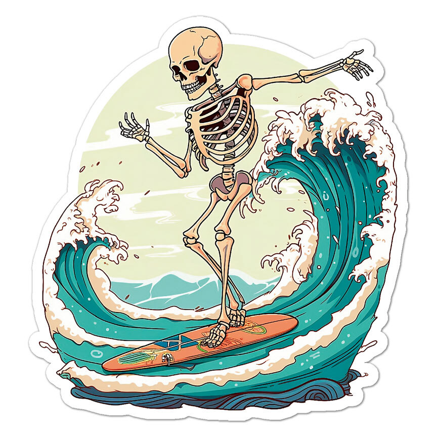 Surf Wave Board Skeleton, Vinyl Decal Sticker, Indoor Outdoor, 3 Sizes, #9113