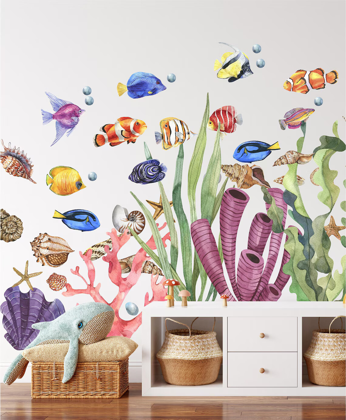 Seaweed, Coral, Tropical Fish & Seashells Ocean Fabric Wall Decal Set Removable