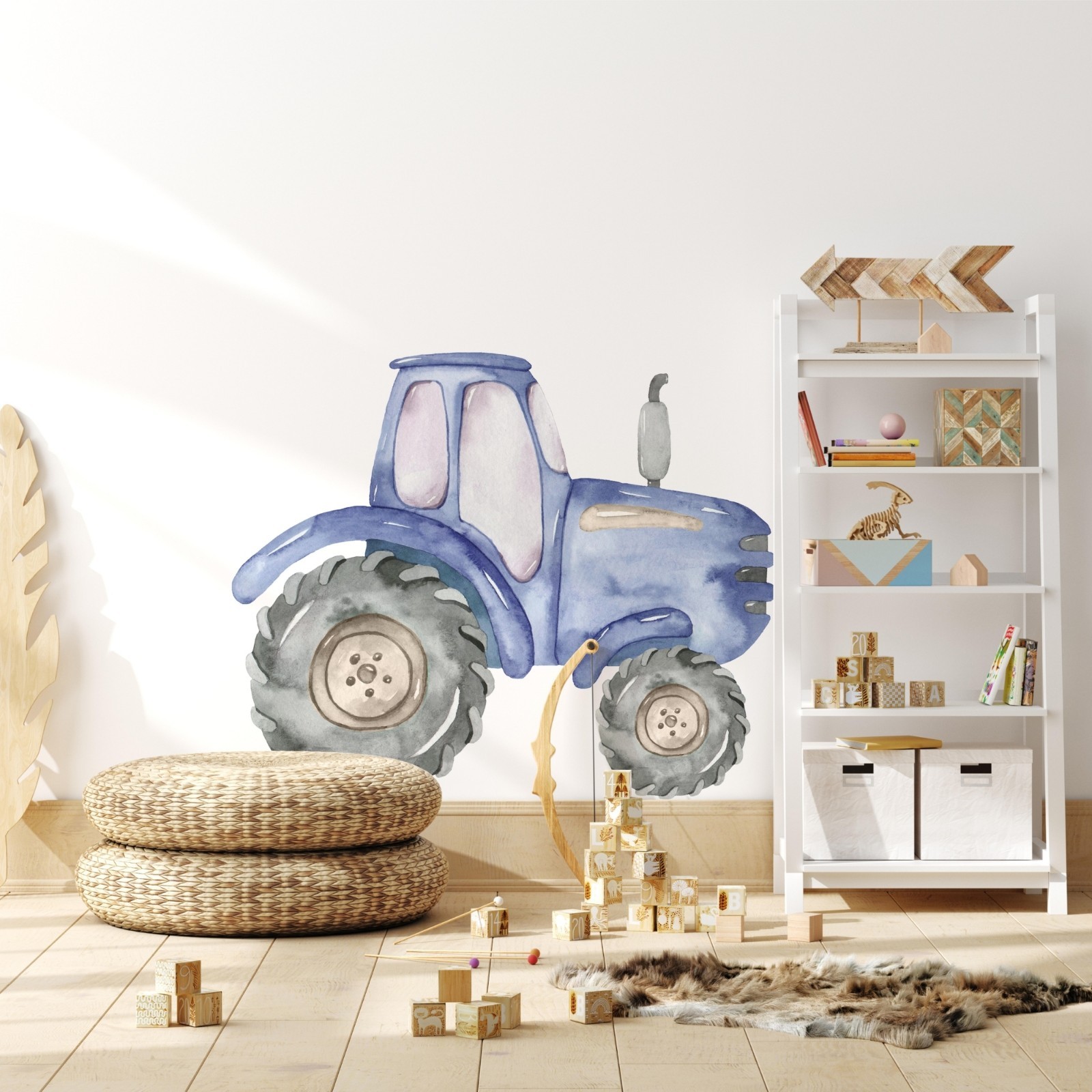 Watercolor Blue Farm Tractor Wall Decal Removable Fabric Vinyl Wall Sticker