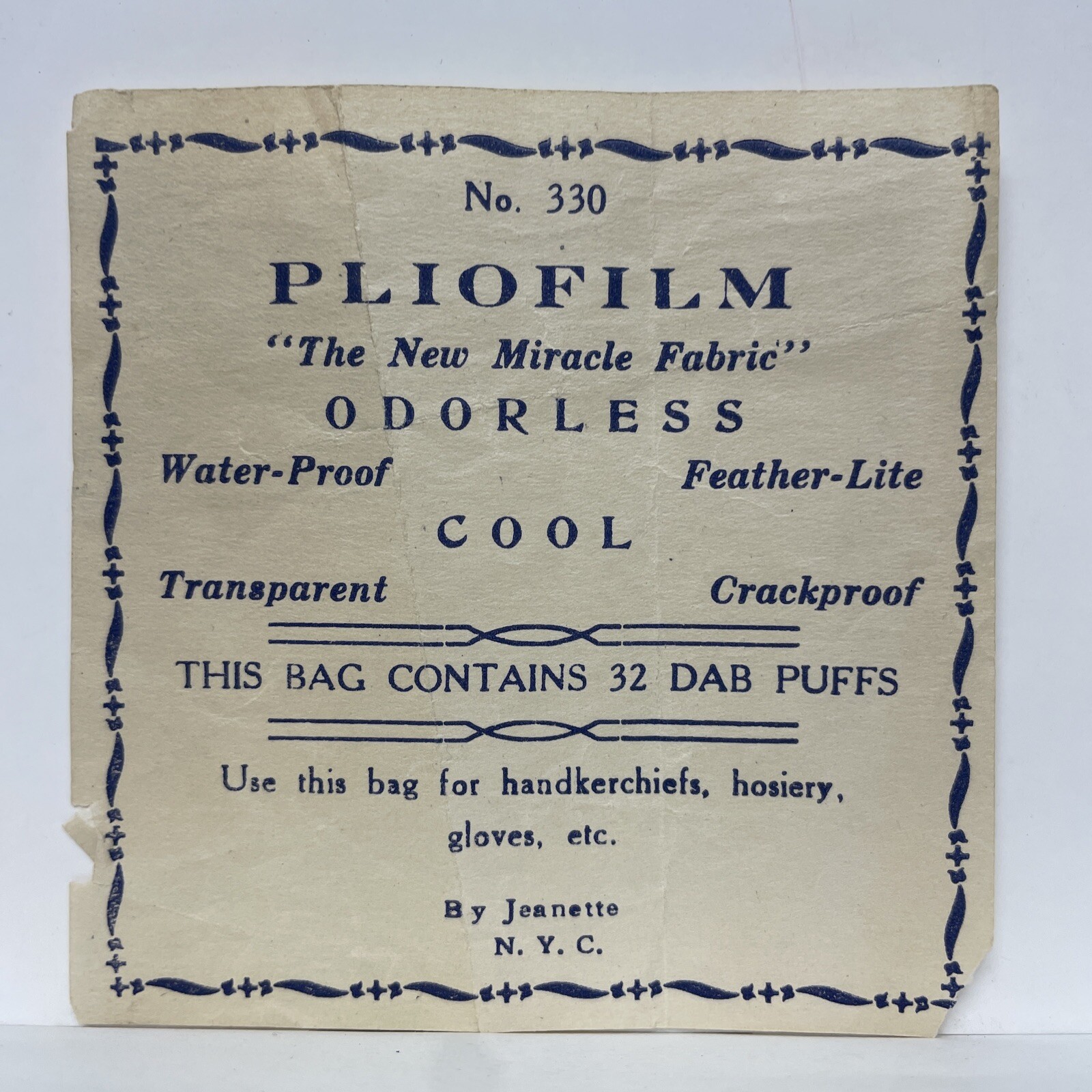 No. 330 Pliofilm Odorless Fabric Vintage Label – Jeanette NYC