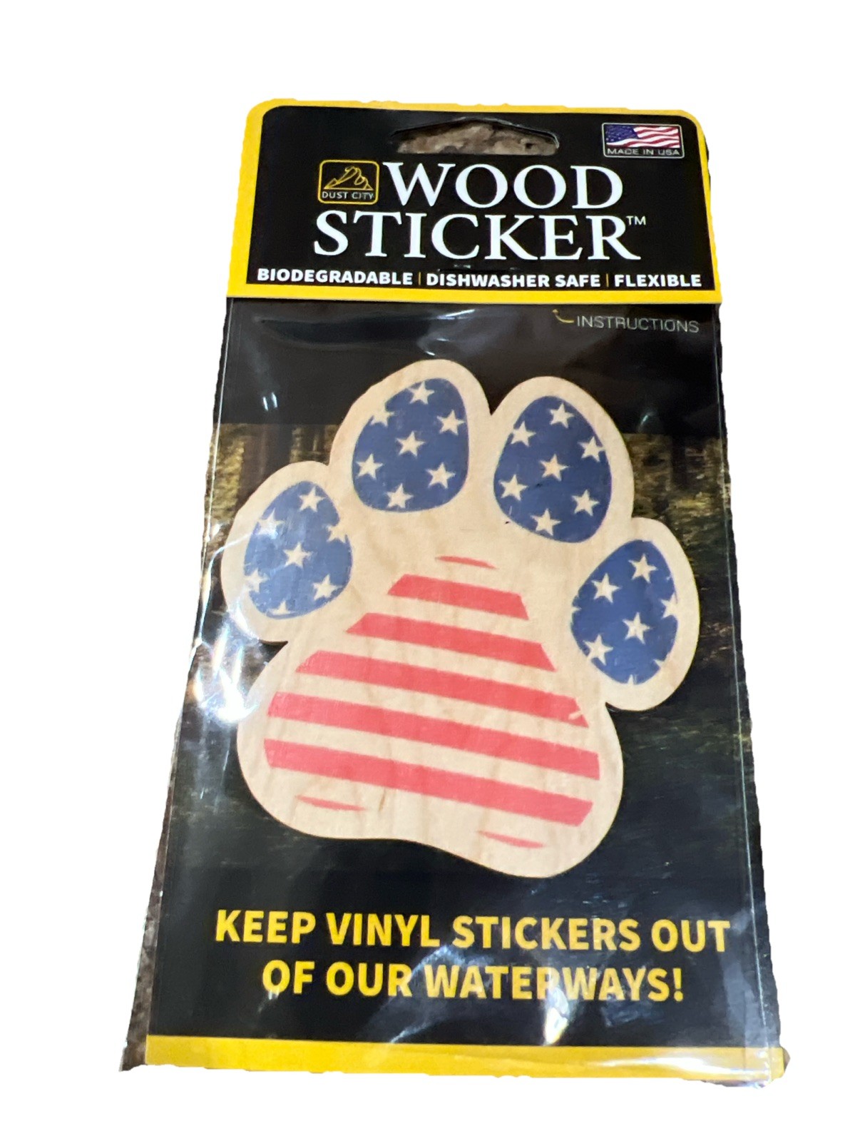 USA Flag Dog Paw WOOD Sticker 3M Dishwasher SAFE Biodegradable Dust City NEW