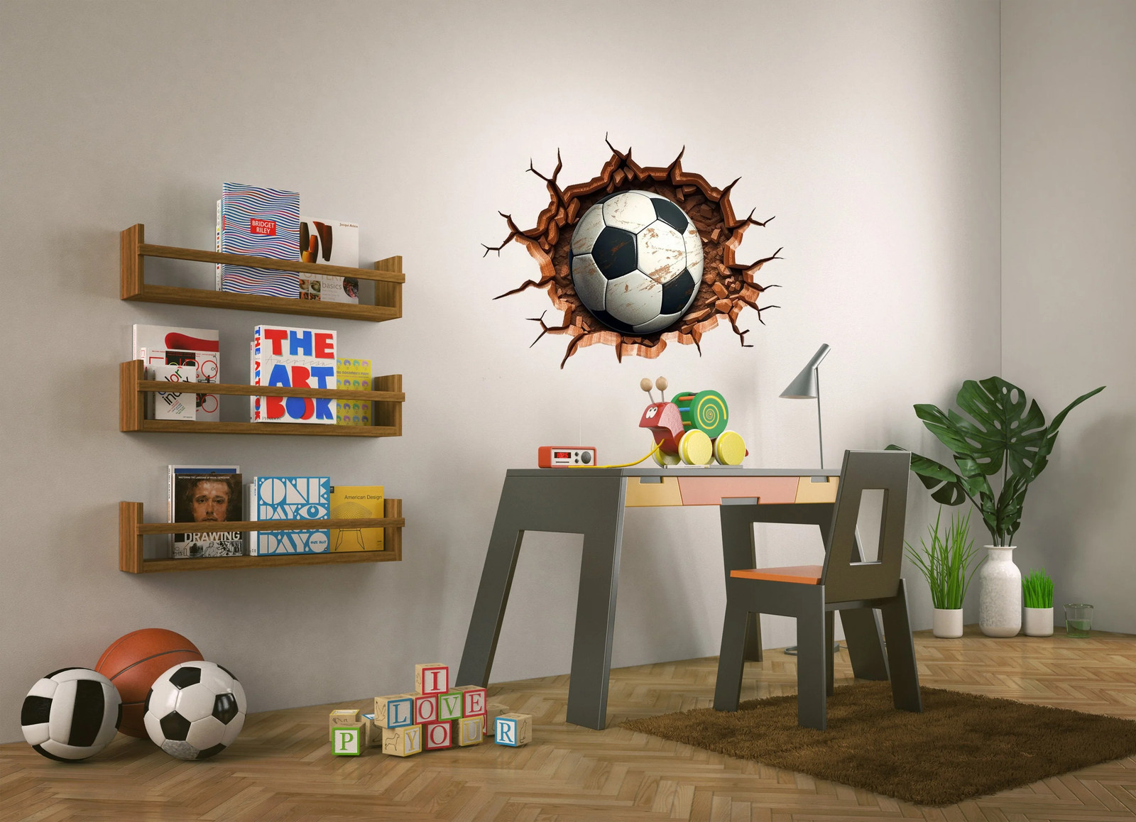 3D Football Wall Decal – Boys Room Breakthrough Sticker – Sporty Soccer Art –