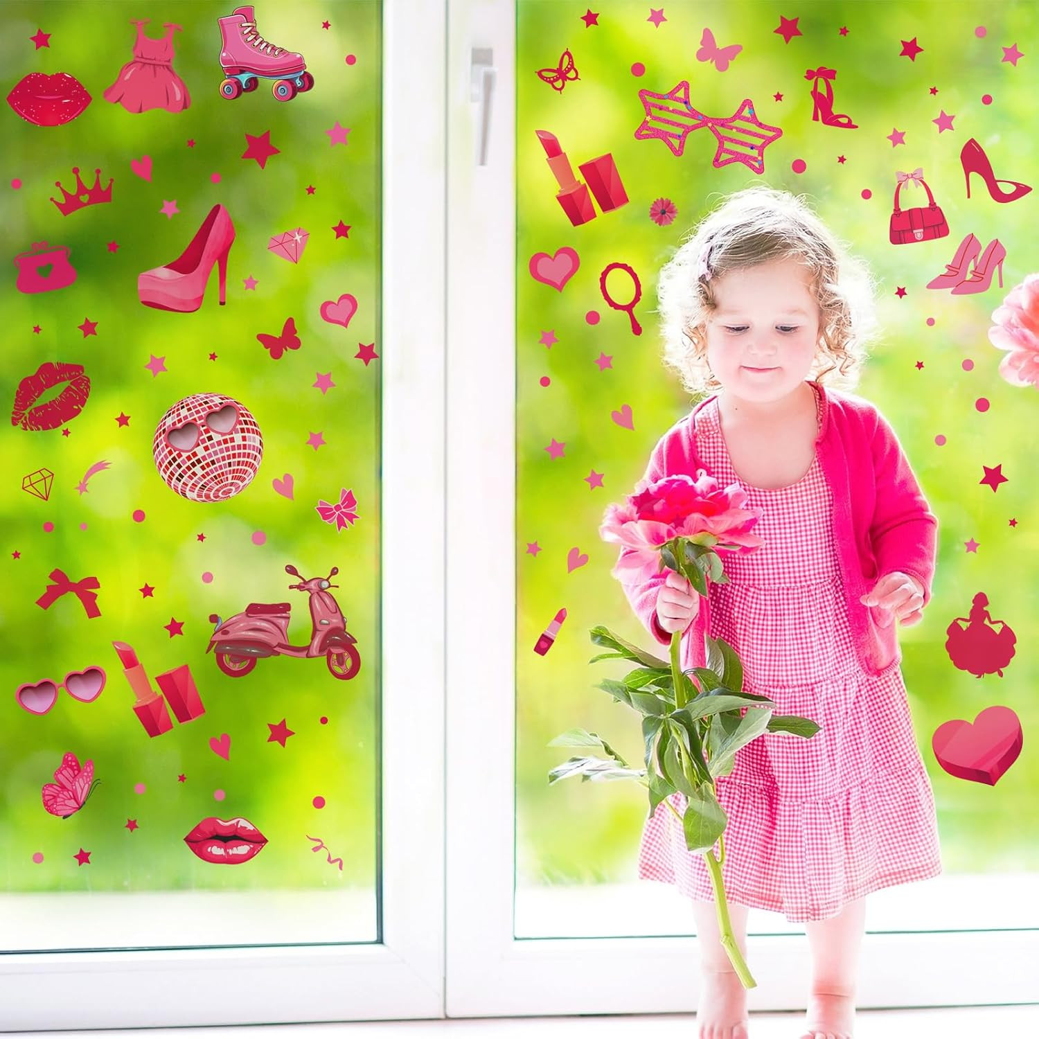 116 Pcs Hot Pink Girl Wall Stickers, Doll Lip Heart Room Decor for Girls Bedroo