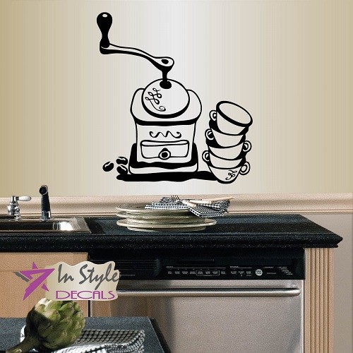 Vinyl Wall Decal Coffee Grinder Coffee Beans Cups Kitchen Café Coffee Shop 536