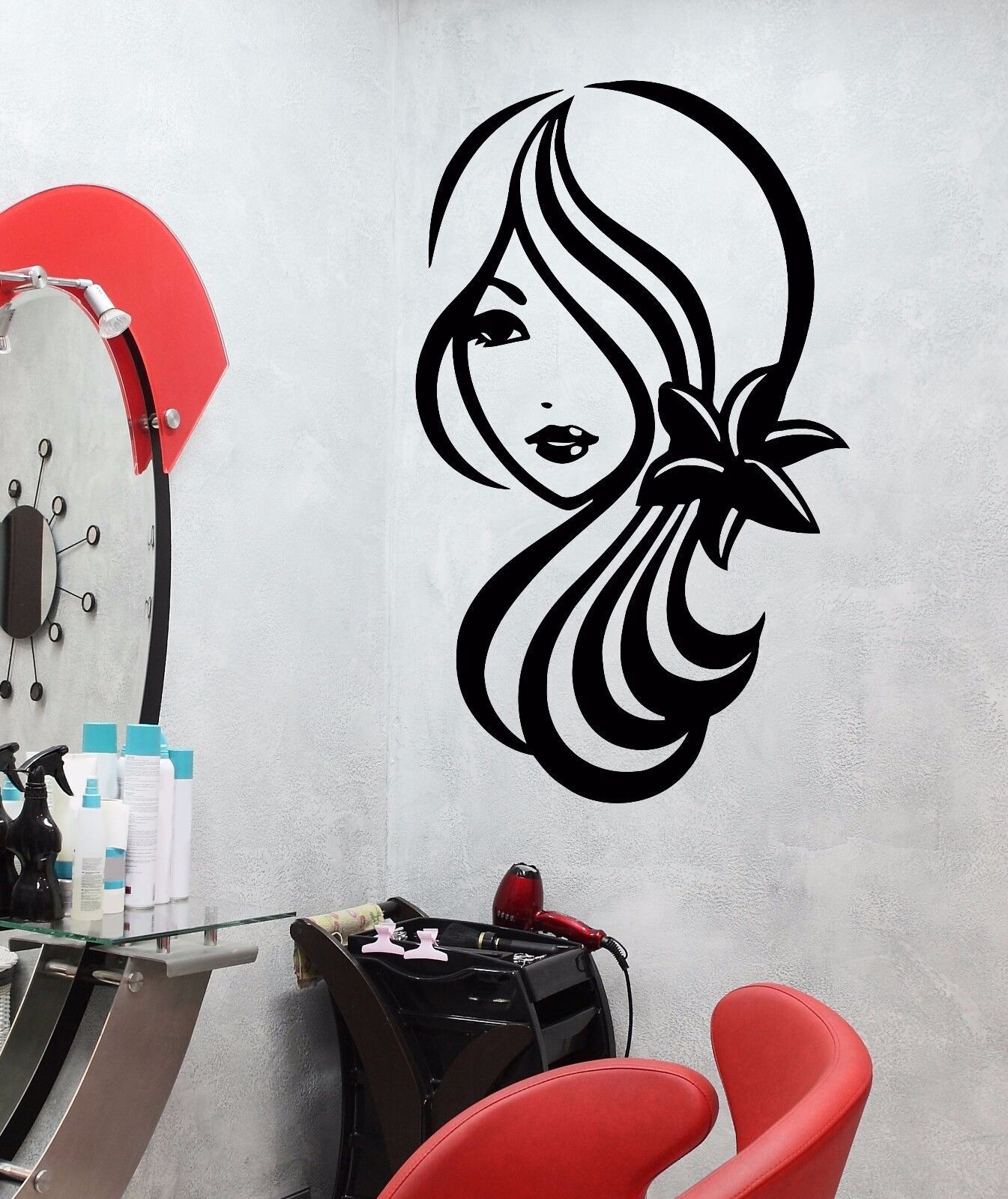 Sexy Girl Vinyl Decal Cute Eye Lips Hair Flowers Beauty Salon Decor (n938)