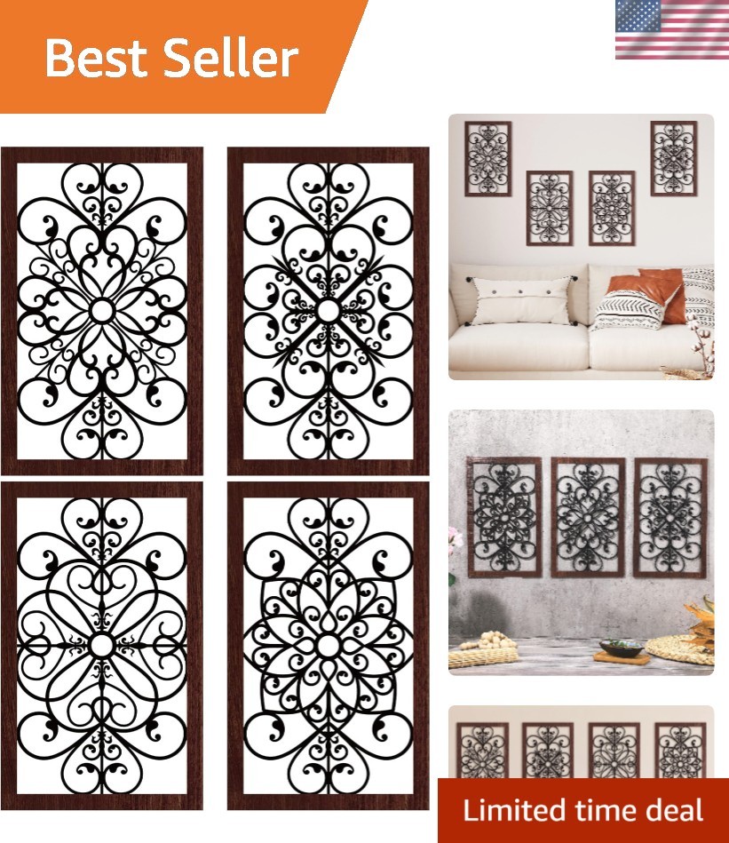 Elegant Rustic Floral Wall Art – Set of 4 Antique Wooden Panels, 11.8"x7.3"