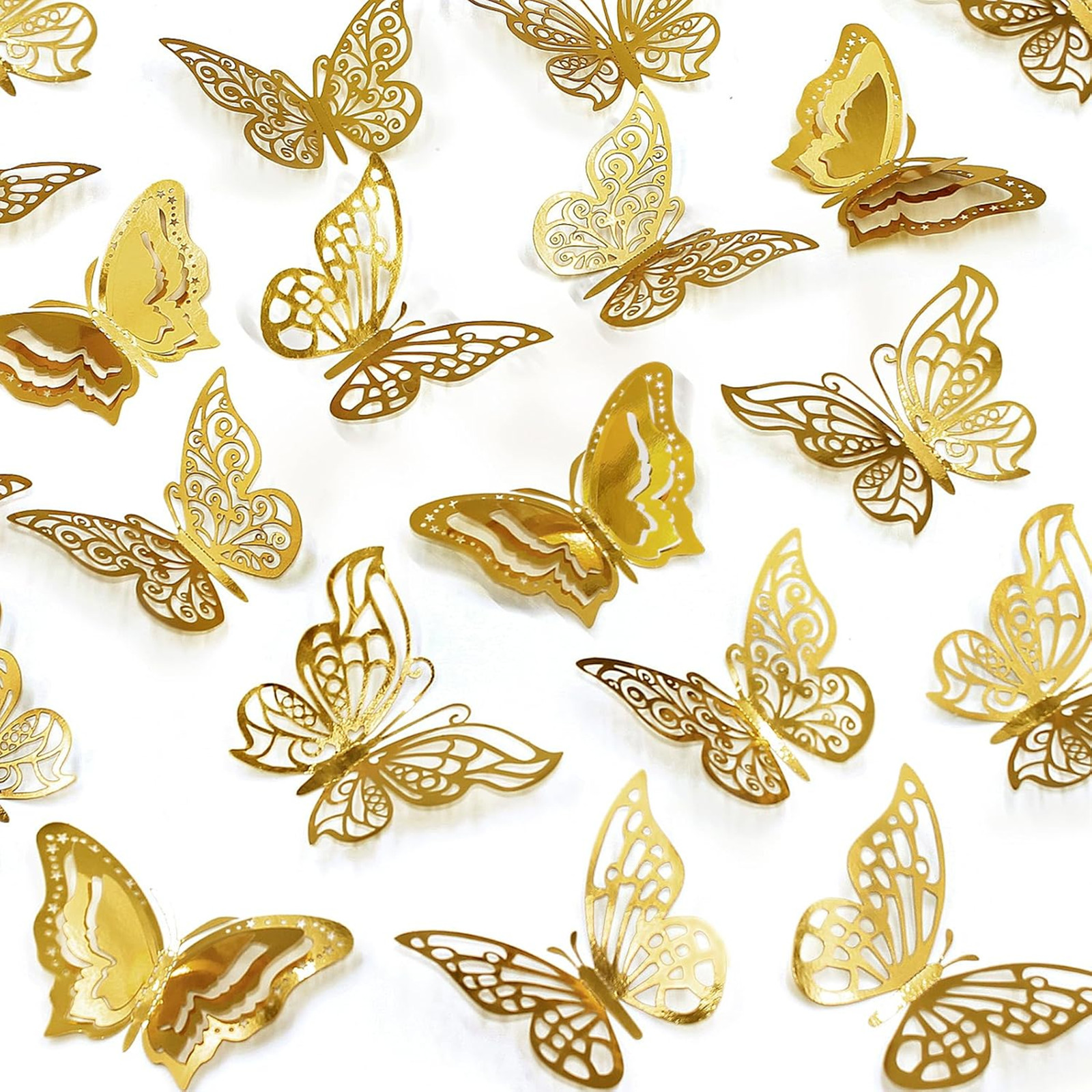 Butterfly Wall Decorations Set, 3D Metallic Stickers, 4 Styles, 3 Sizes, Gold