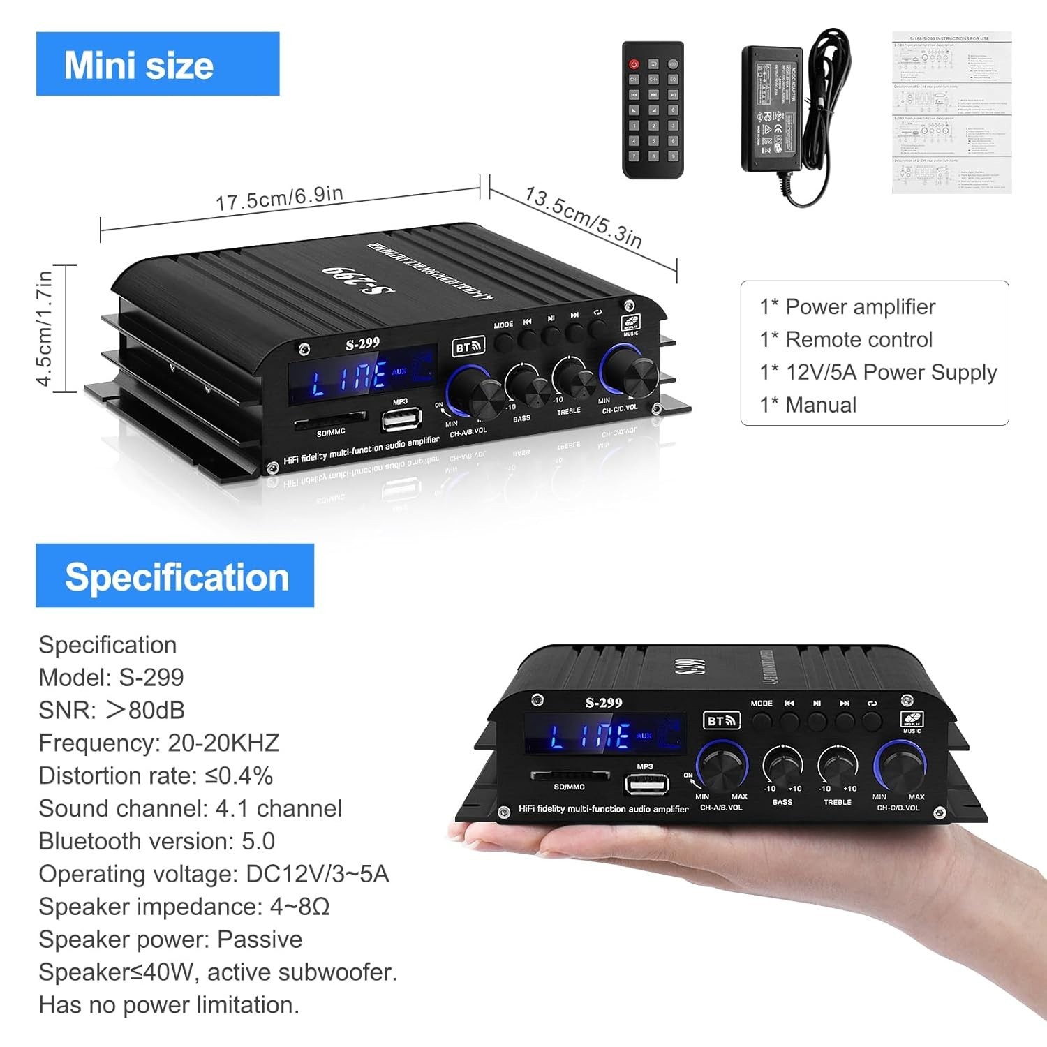 Audio Power Amplifier for Home Speakers – Bluetooth 5.0 Power Amp 4.1 Channel…
