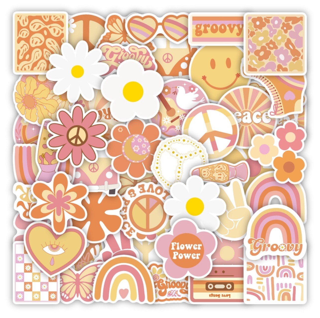 50 PCS Retro Hippie Life Stickers Groovy Peace Love Decals Laptop Hydro Set B