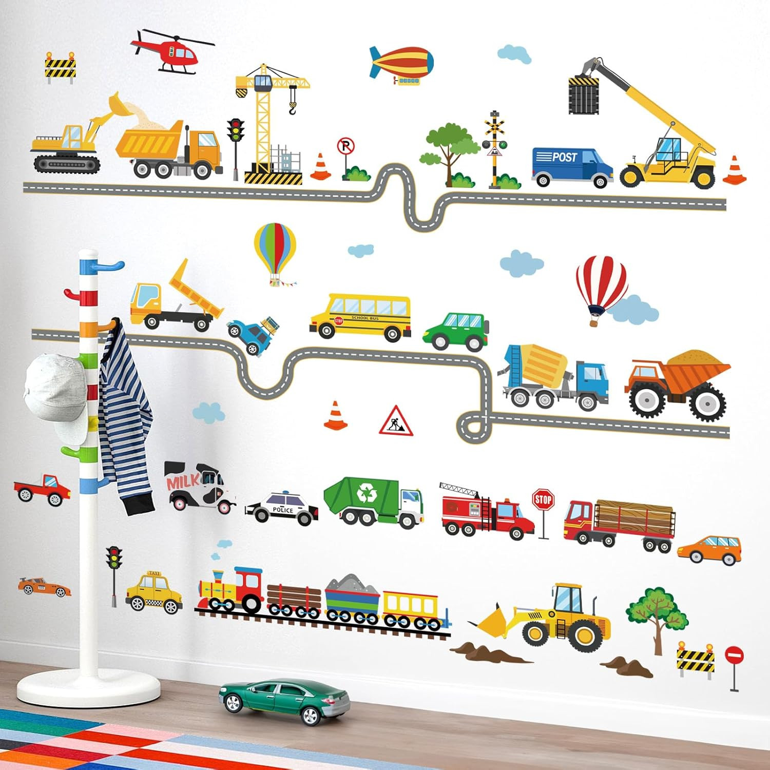 Car Road Wall Stickers Transports Vehicles Construction Truck Wall Decals Baby N