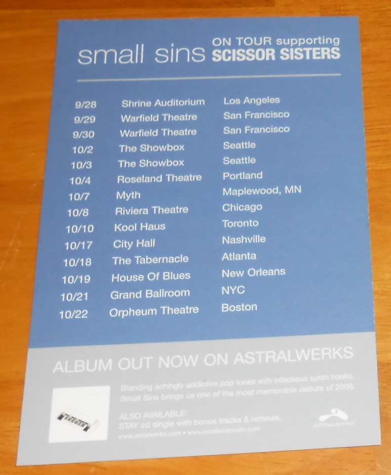 Small Sins Scissor Sisters Card Handbill Flyer Original Promo 6×4