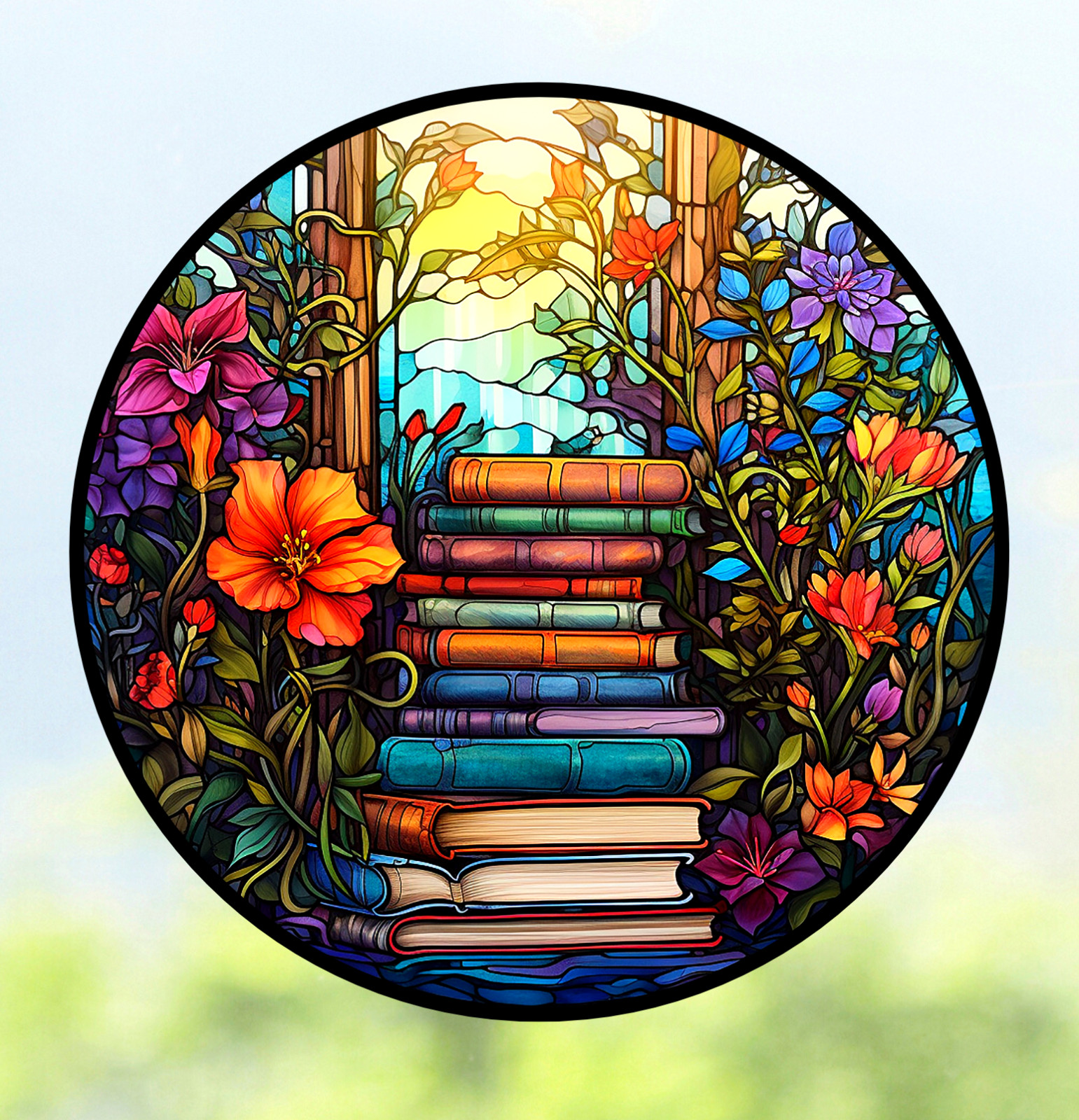 Books & Flowers Faux Stained-Glass WINDOW CLING Size 8" Round Vinyl