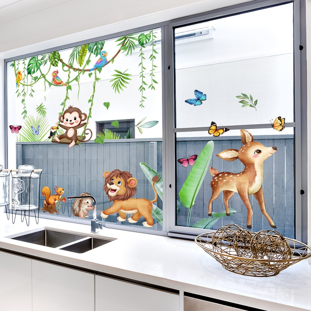 Static Window Sticker Tropical Rainforest Animals for Smooth Indoor Surfaces