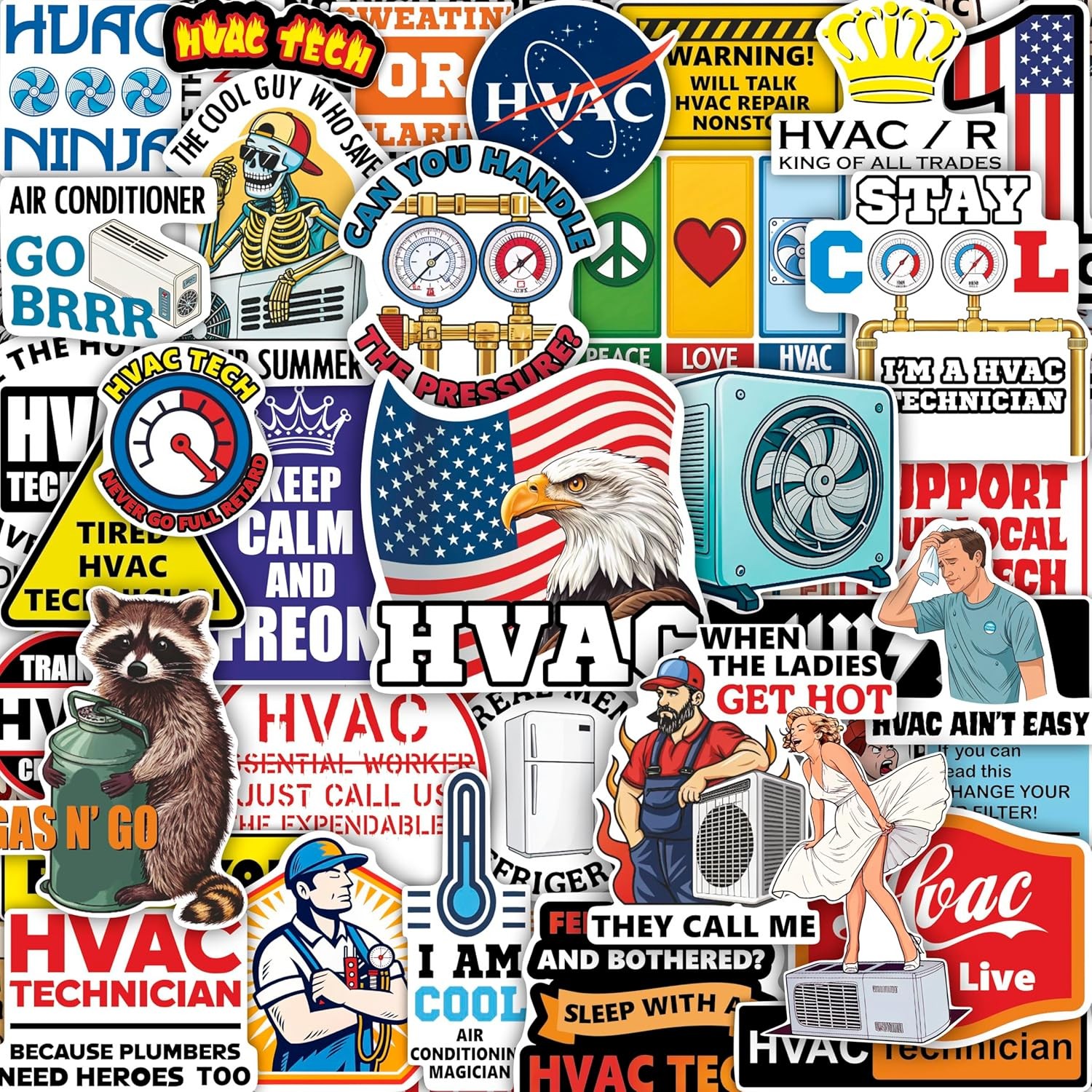 100Pcs HVAC Stickers Hard Hat, Water Bottle, Laptop – HVAC Toolbox Decals –