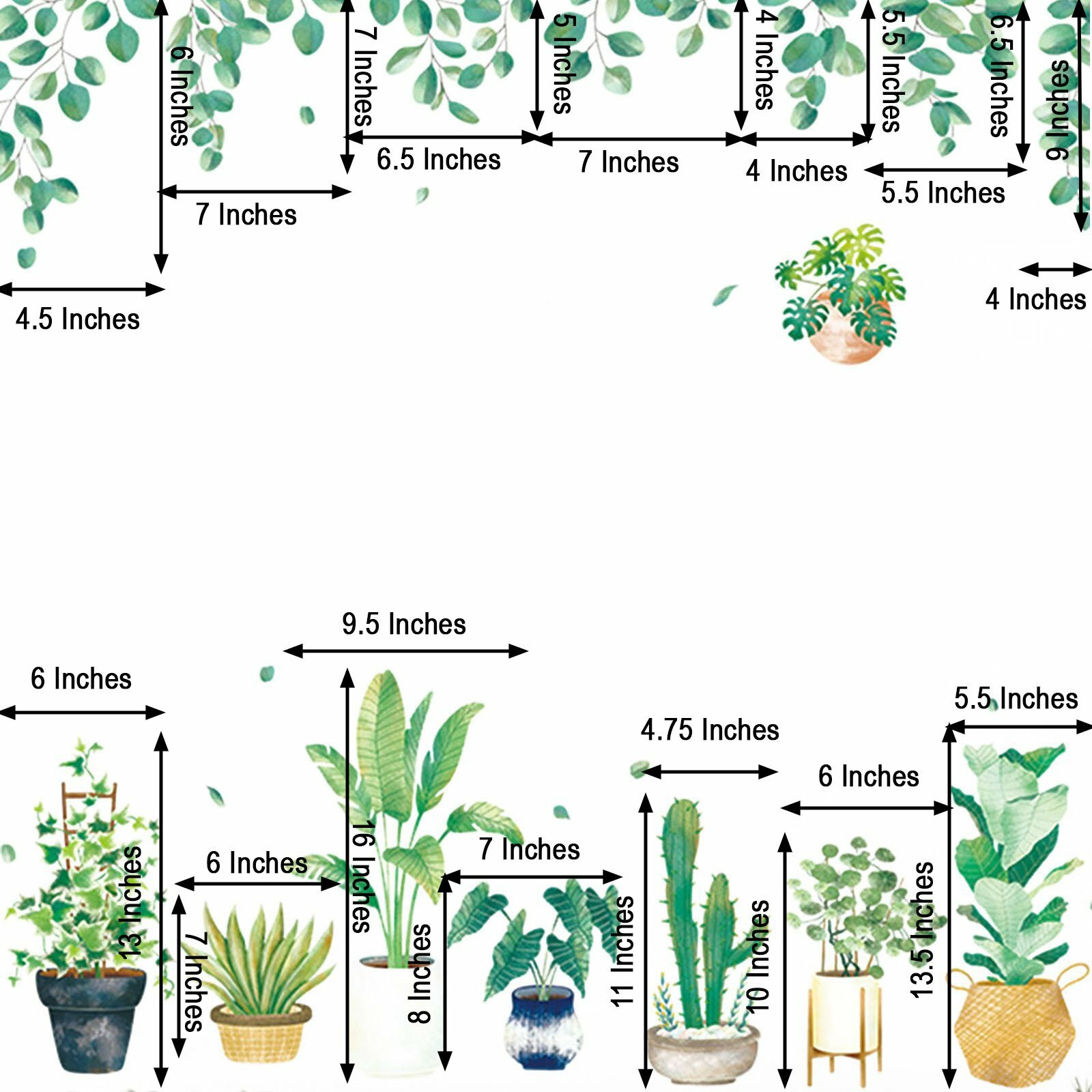 Green Potted Plants WALL STICKER Hanging Leaves Removable PVC Living Room Home