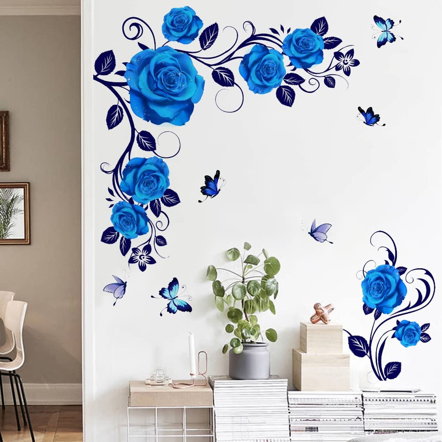Runtoo Blue Rose Flower Wall Art Stickers Hanging Vine Floral Wall Decals Liv…