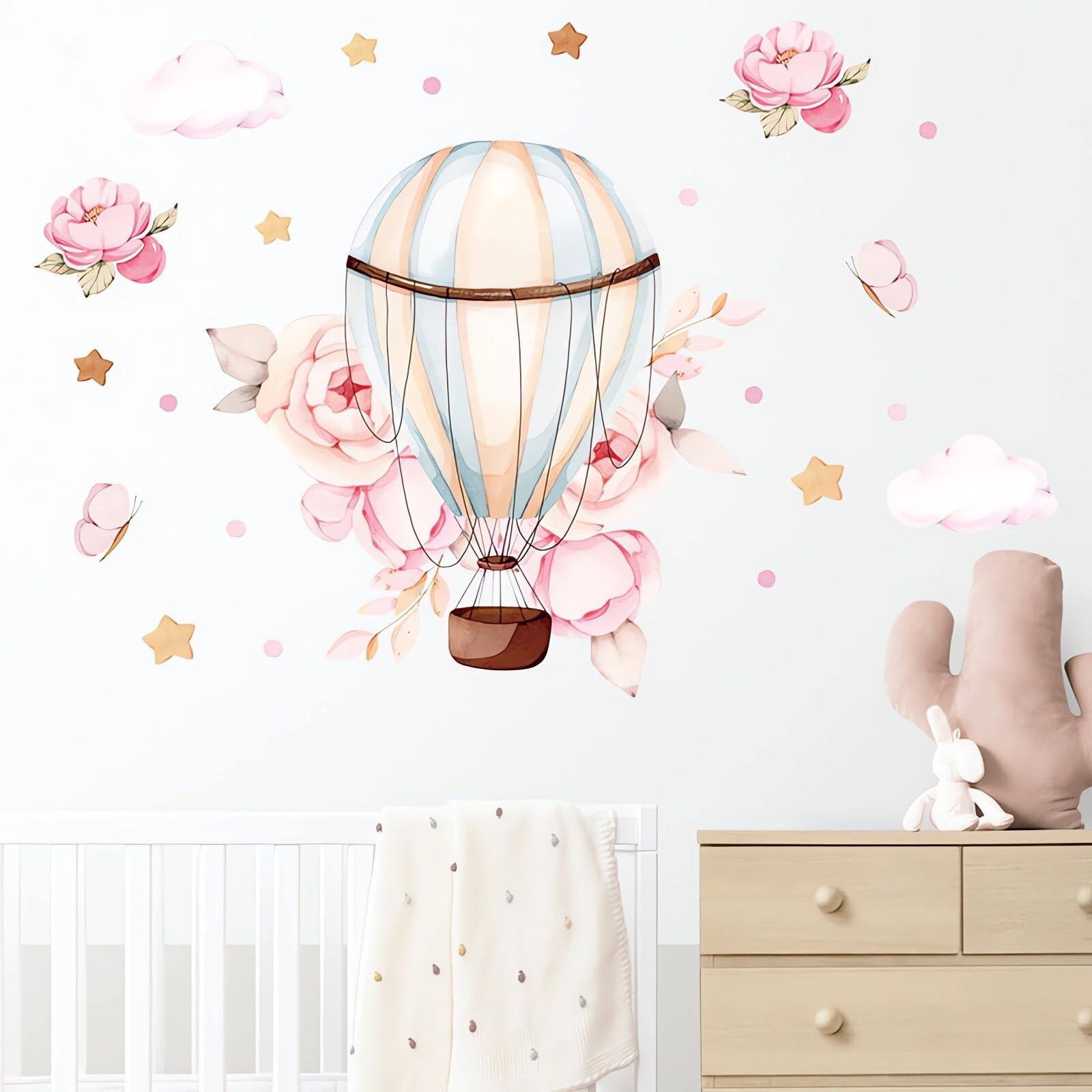 Pink Peony Rose Hot Air Balloon Star Flower Wall Stickers, sacinora Cartoon D…