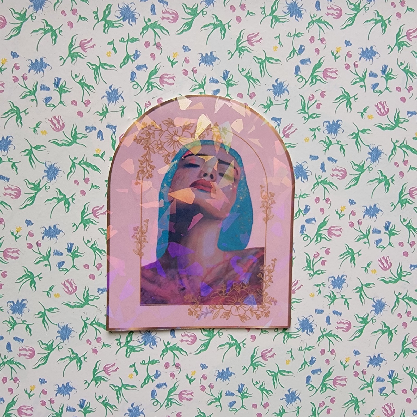 Pink Holographic Woman Sticker Original Painting Vinyl for Laptop Waterbottle