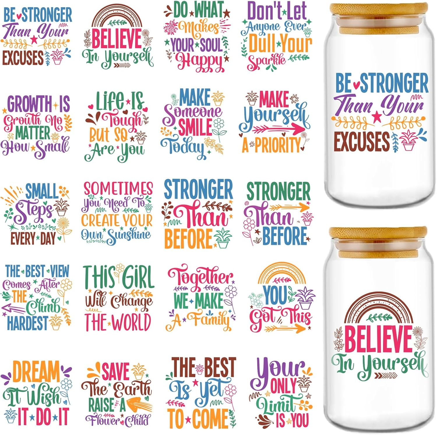 Inspirational UV DTF Stickers – 20 Sheets Motivational Quotes UV DTF Cup Wraps f