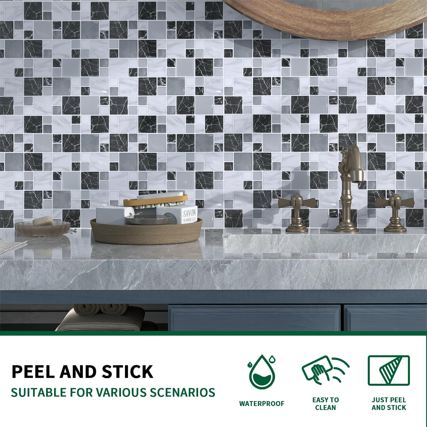 10-Peel and Stick Backsplash for Kitchen, 10” x 10” Adhesive Marble Gray Wall…