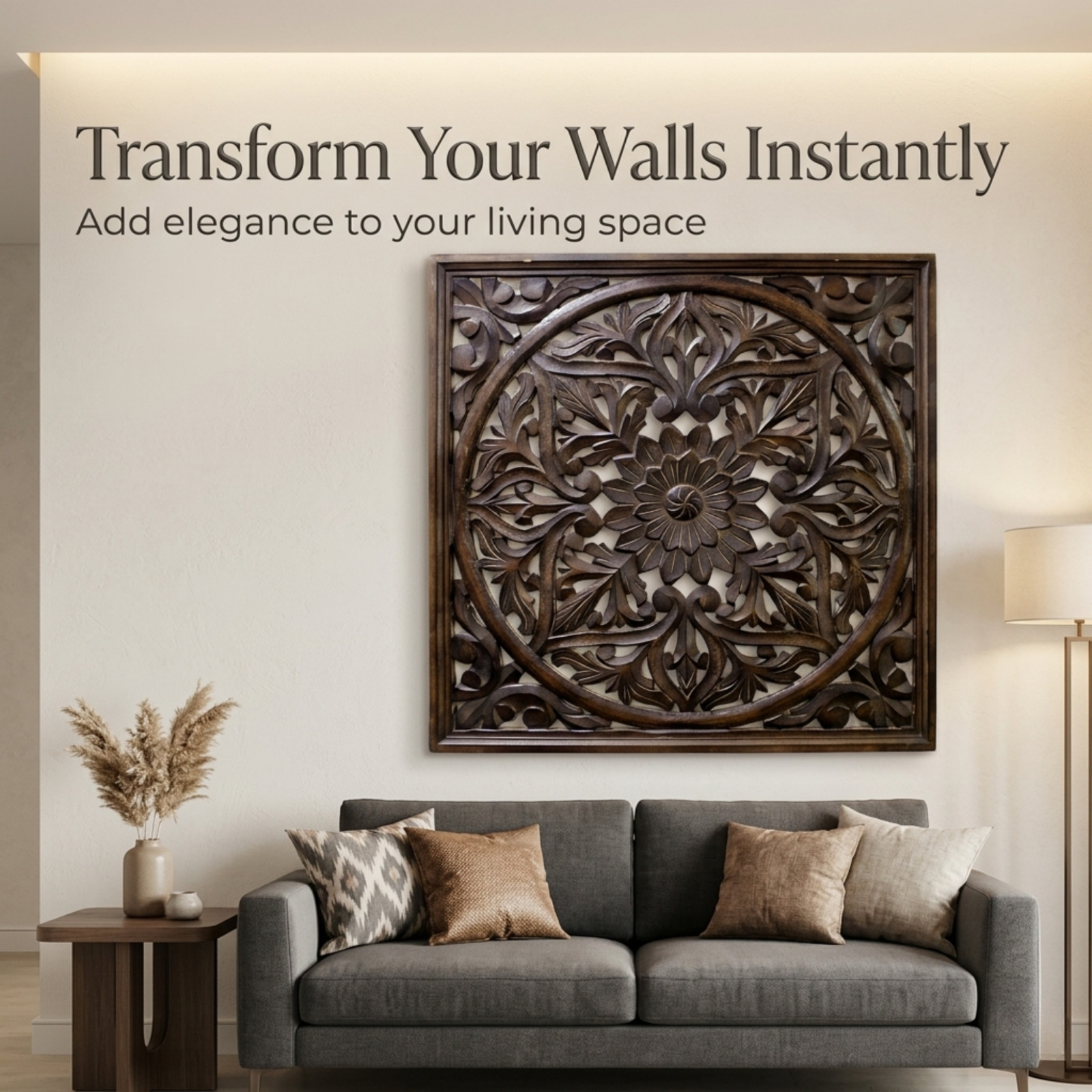 Carved Wood Wall Decor Panel 61cm – Large Rustic Floral Mandala Art