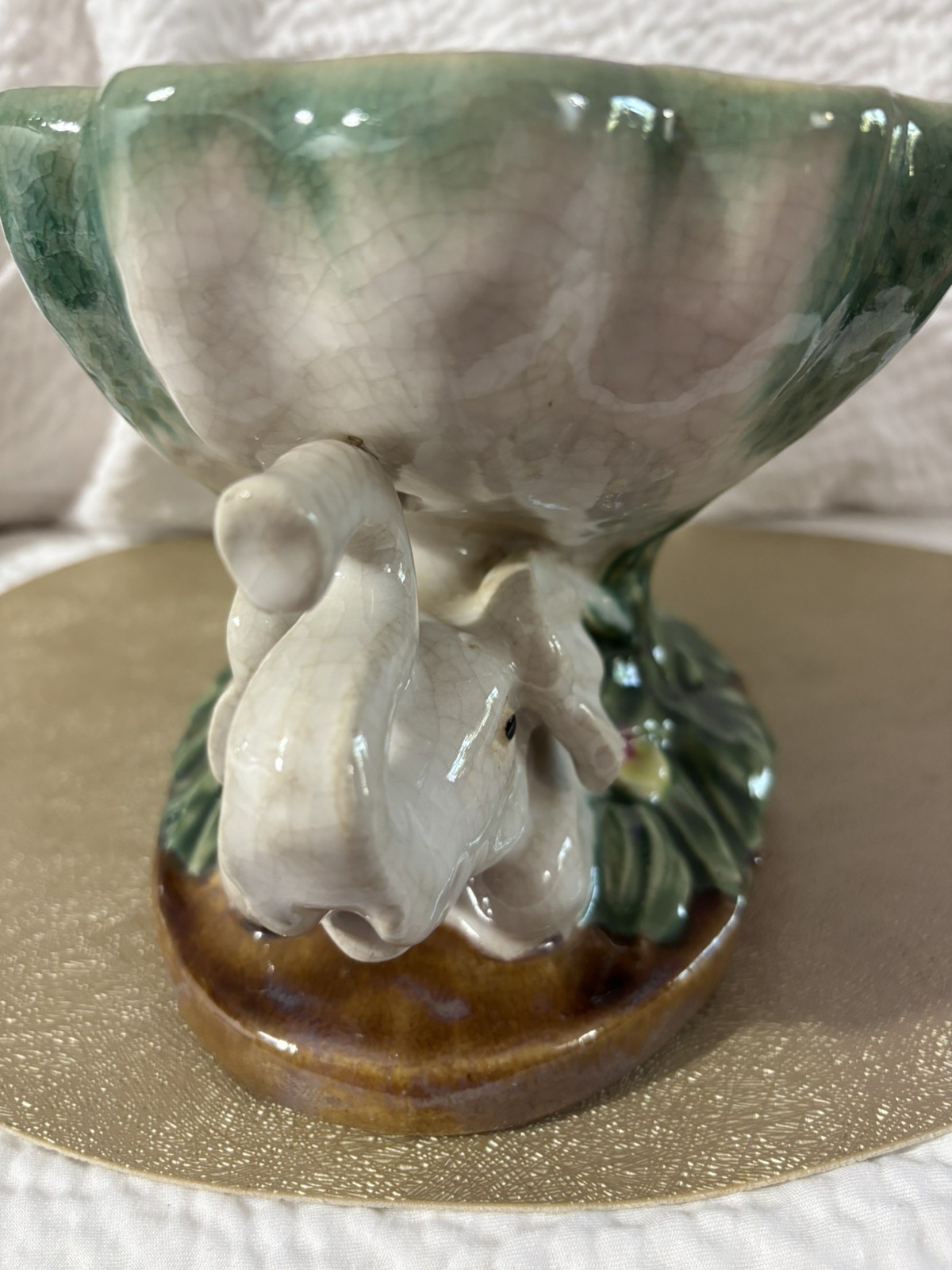 Vintage Italian Majolica Elephant Pedestal Centerpiece Fruit Bowl