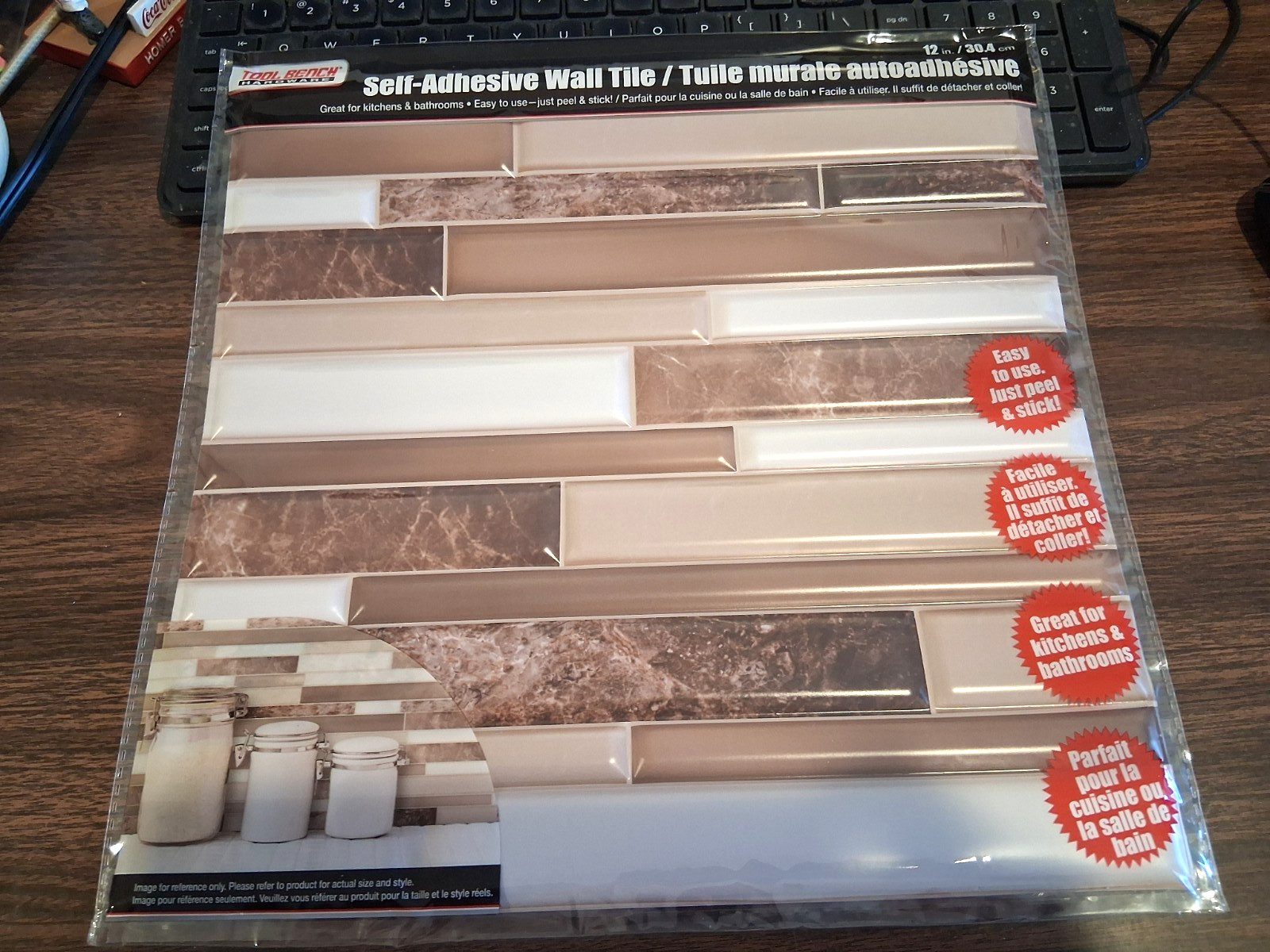 (SET OF 4 SHEETS) 12" x 12" SELF-ADHENSIVE PLASTIC TILE PIECES, PEEL & STICK