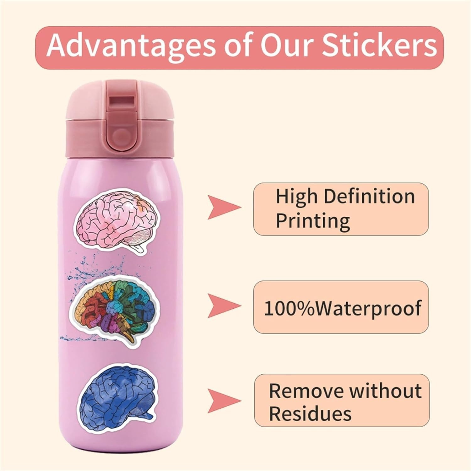 50PCS Brain Stickers Bulk, Cartoon Vinyl Waterproof Decals
