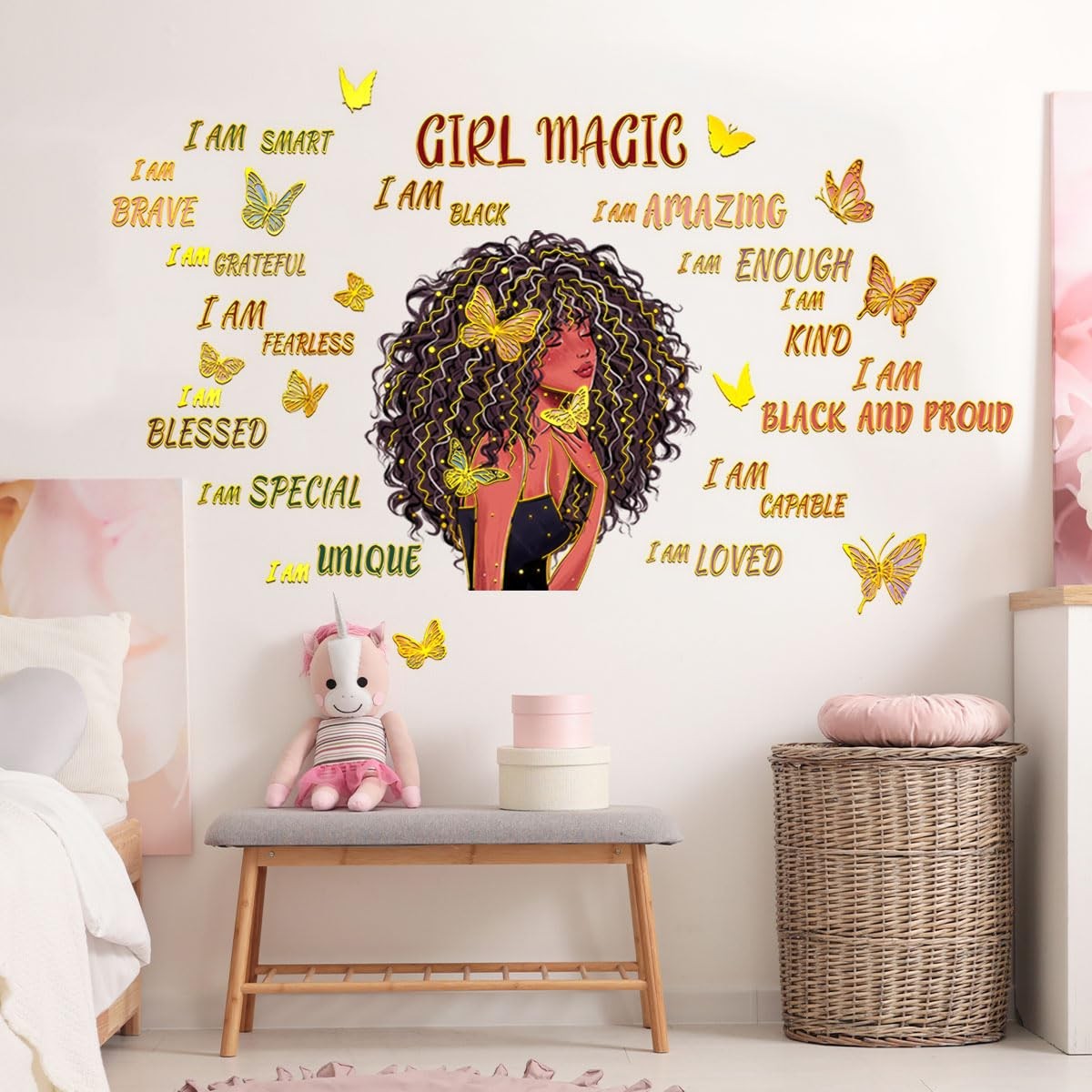 Black Girl and Butterfly Wall Stickers Motivational Quote Wall Decal Gold-Pla…