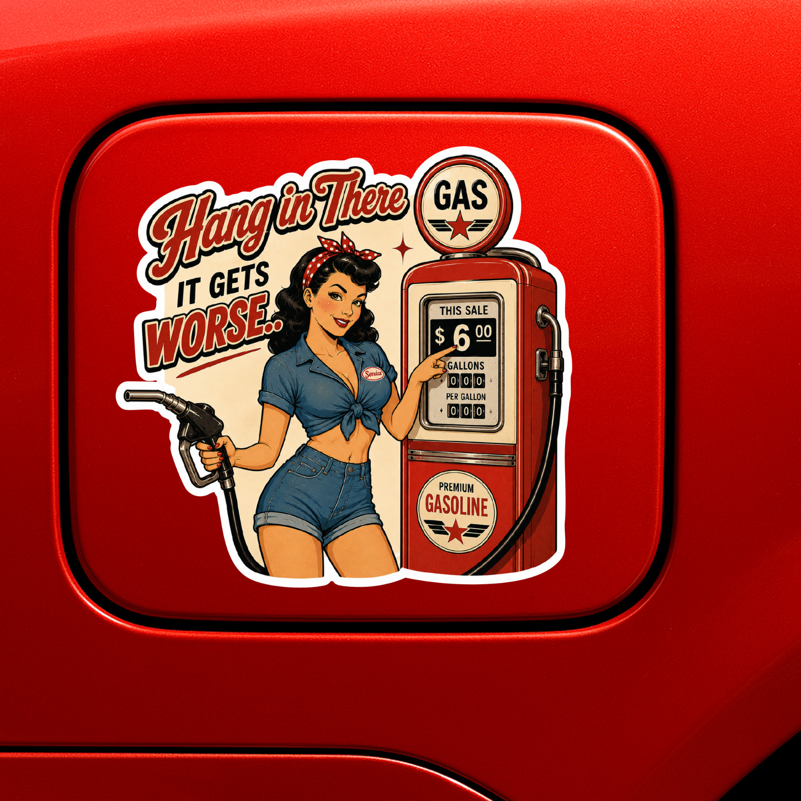 Retro Funny Gas Prices Sticker 3.5” Car Decal Sarcastic Pin Up Vinyl USA Humor