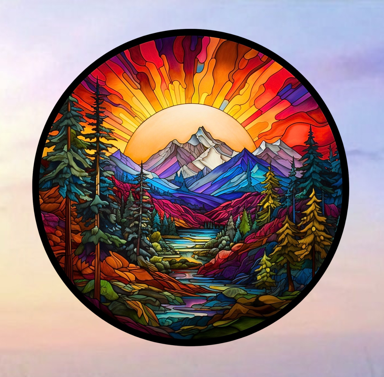 Sunset on Mountains & Trees Faux Stained-Glass WINDOW CLING Size 8" Round Vinyl