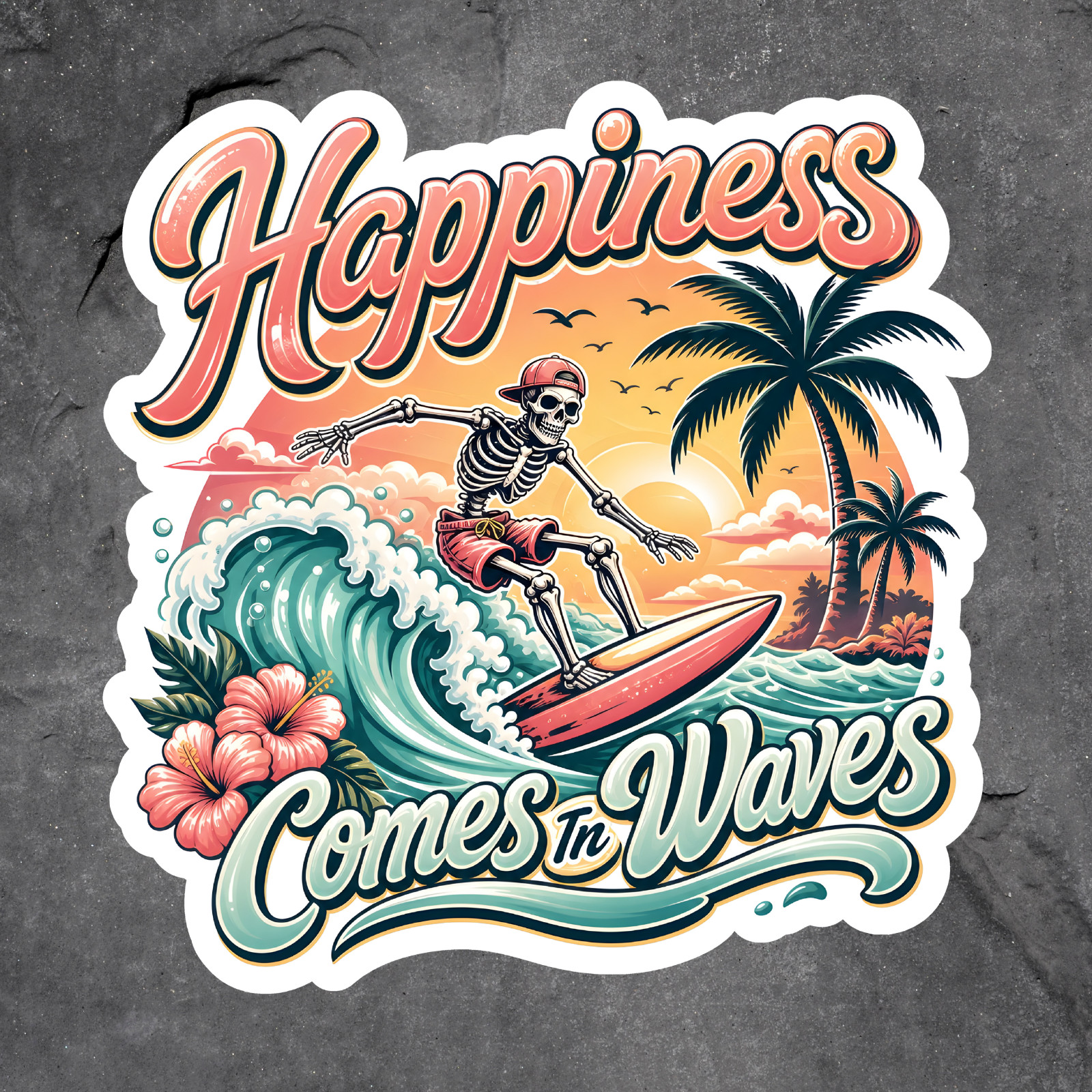 Skeleton Sticker Vinyl Decal Happiness Comes In Waves Surfer Beach Funny Gift