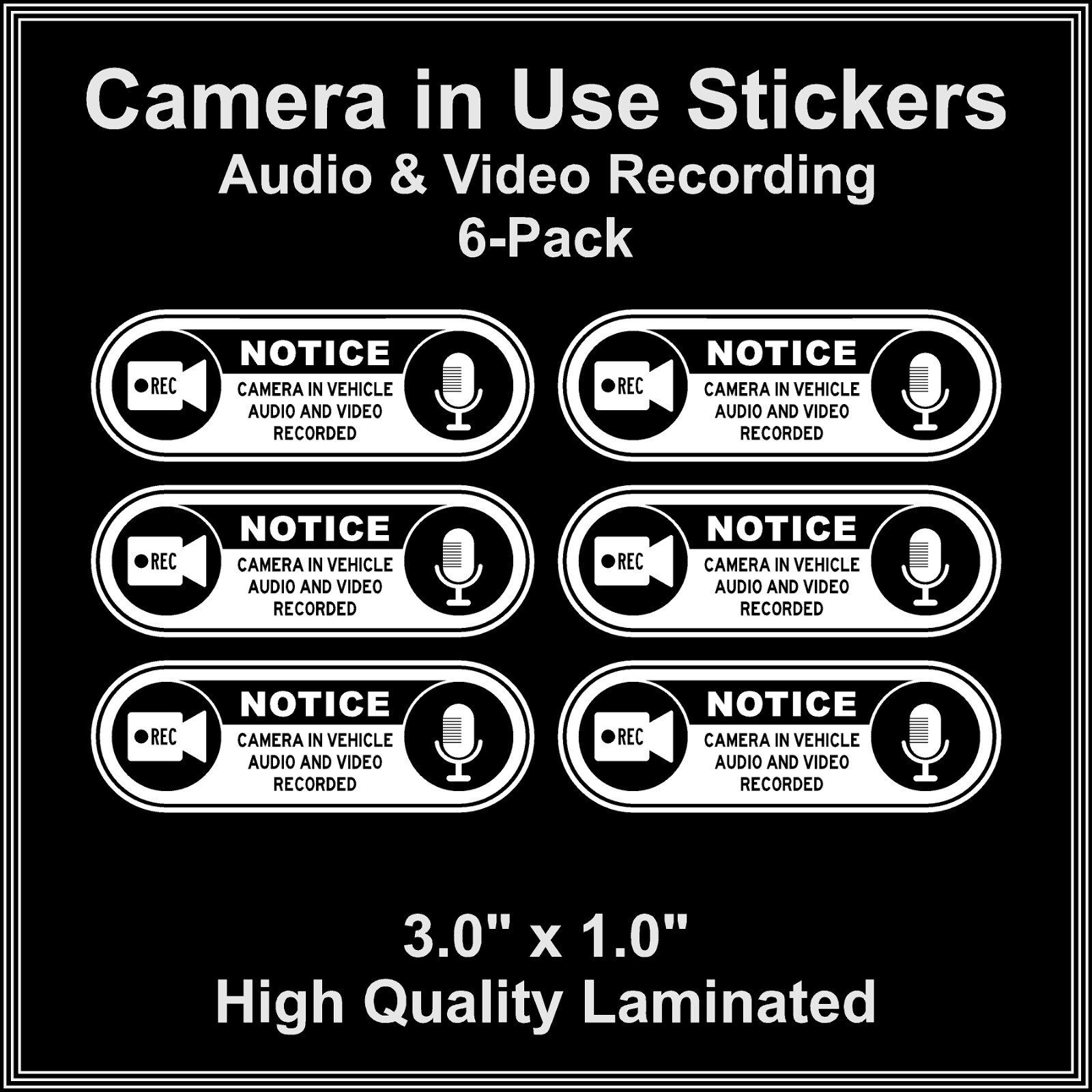 Camera in Car Recording Video 6-Pack Decals White & Black 3.0" x 1.0" for Uber
