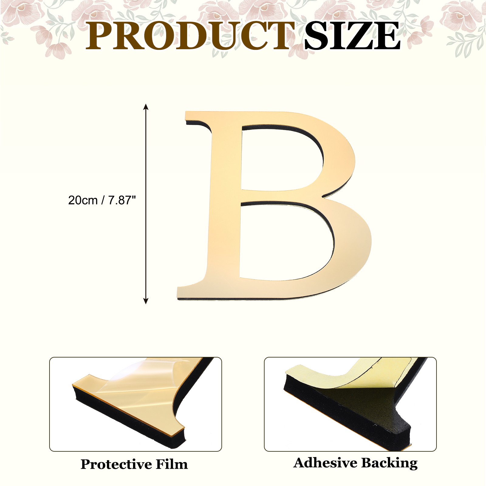 7.87 Inch 3D Acrylic Alphabet Mirror Wall Stickers Letter B Light Gold