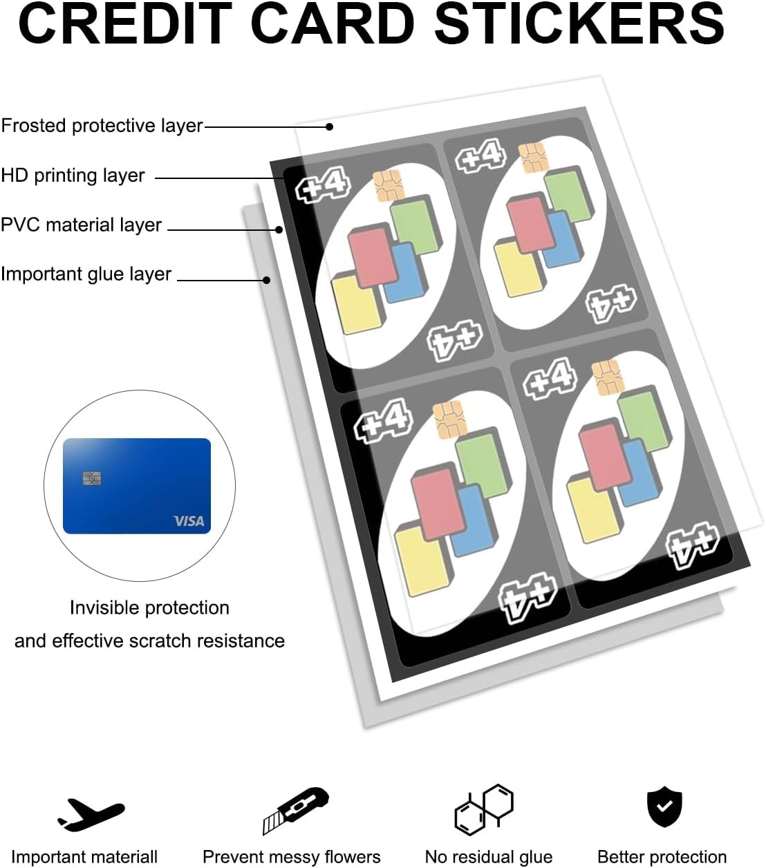 7-Pack UNO Card Credit Card Skin Stickers – Chip Cutout Only – Reverse, Skip, Wi