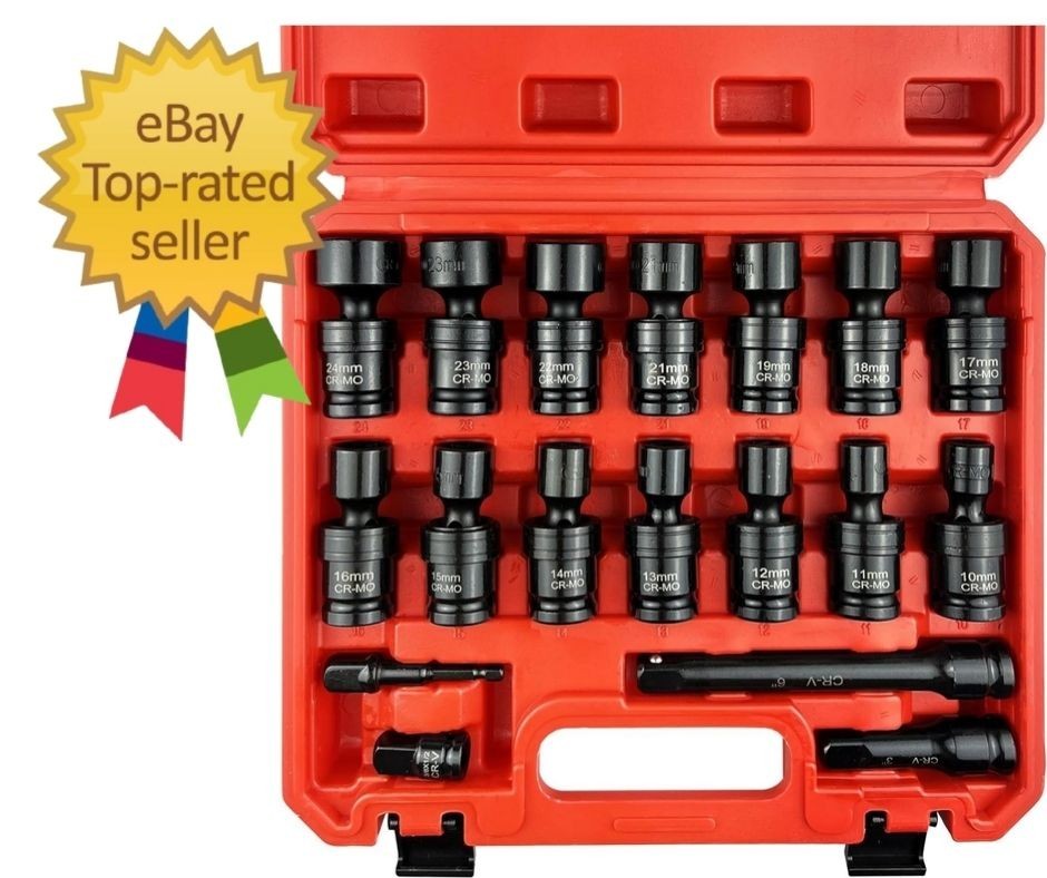18-Piece 1/2" Drive Shallow Impact Socket Set, Metric Wobble & Swivel Sockets, 1