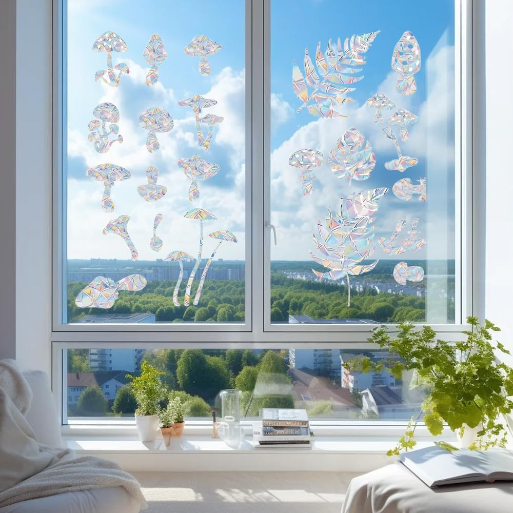 28PCS Rainbow Mushroom and Leaf Window Decals to Prevent Bird Strikes, Anti-Coll