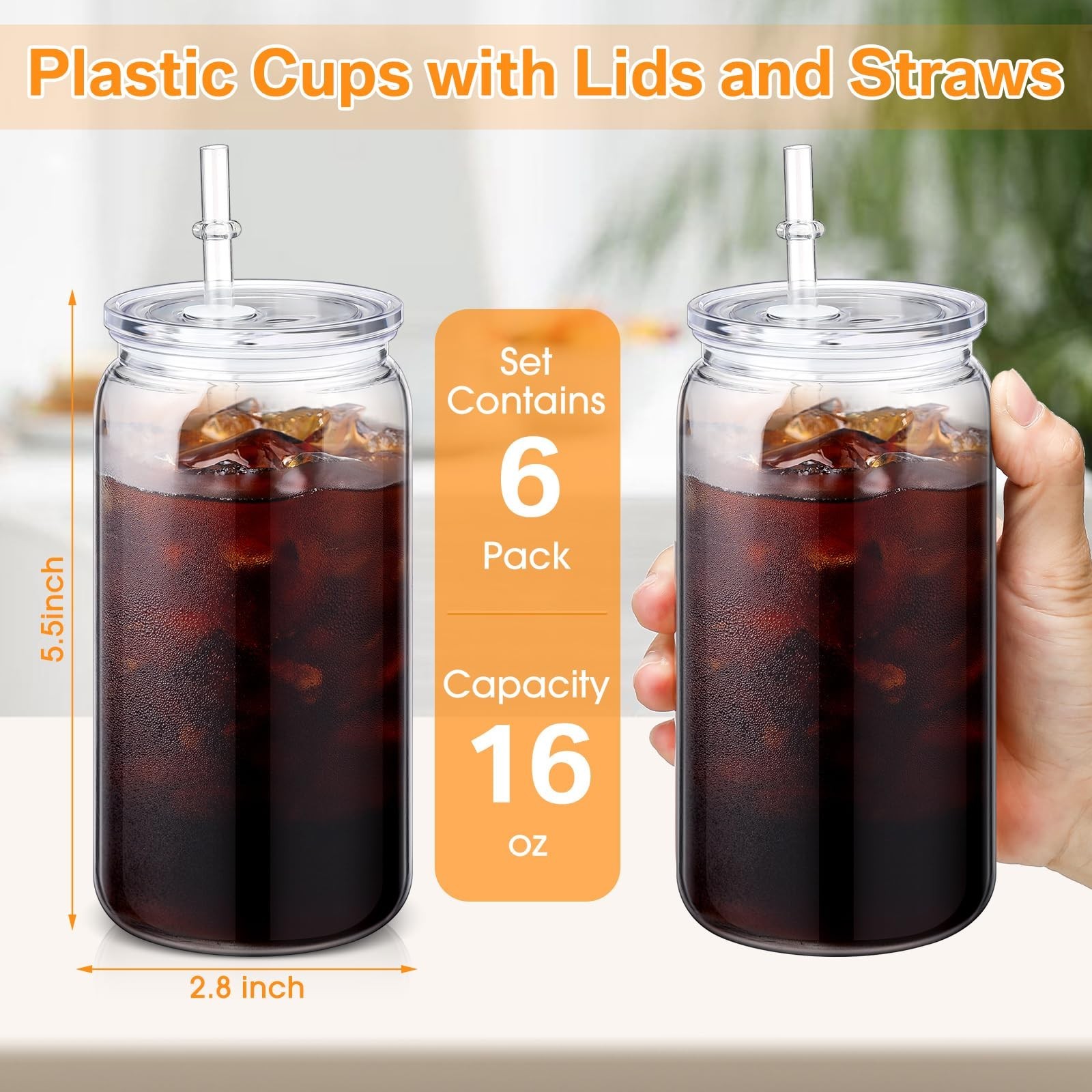 6 Pack Acrylic Mason Jars with Lids and Straws 16 oz Drinking Plastic Tumbler…