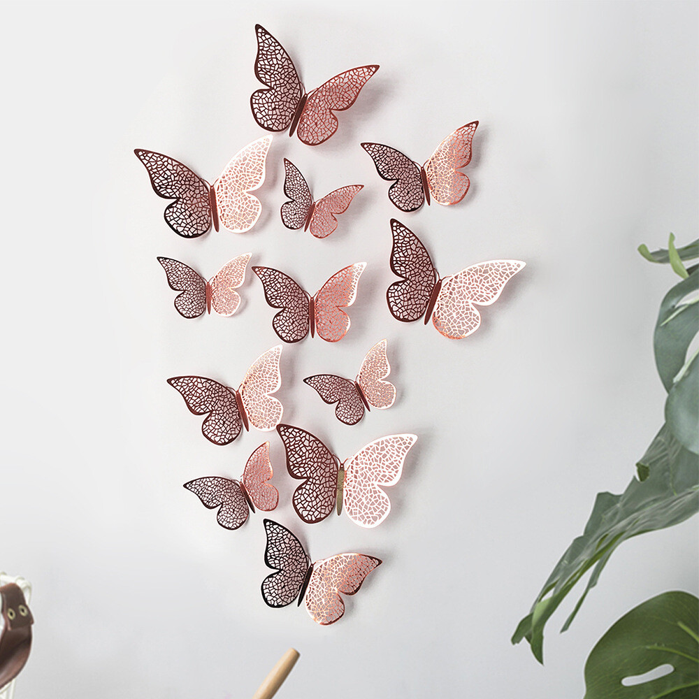 12 pcs 3d cute rose, silver, and gold butterfly wall decor, party, wedding, diy