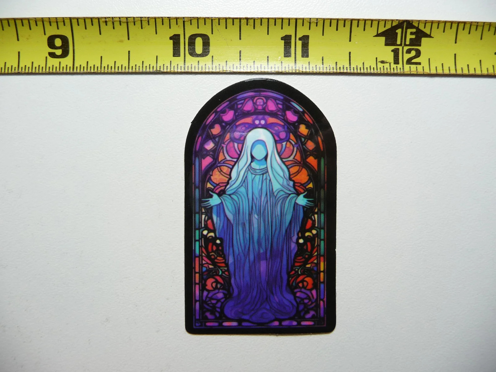 RELIGIOUS WOMAN FIGURE SMALL STICKER DECAL STAINED GLASS STYLE BEAUTIFUL COLORS