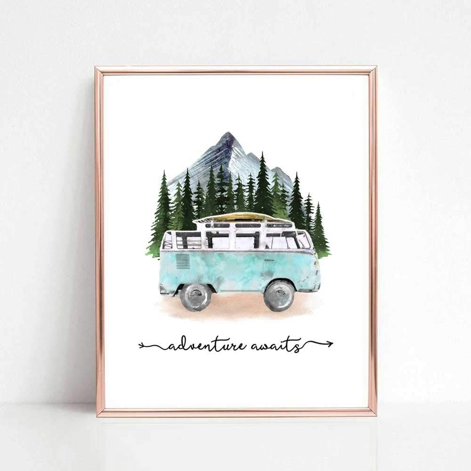 Adventure Awaits Art Print Travel Poster Mountain Wall Decor Blue Tour Bus Pa…