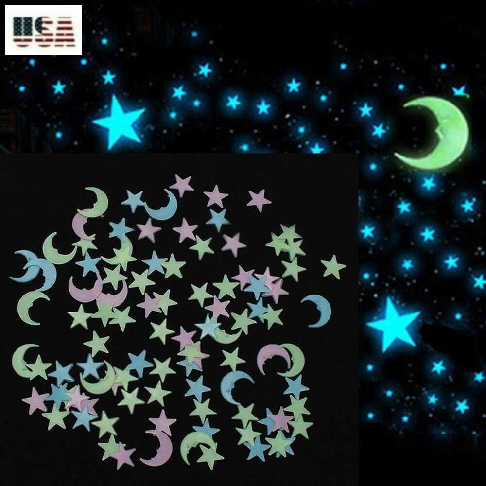 Glow In The Dark 50/100/200 ~ 3D Stars Half Moon Mix Color ~ Wall Decor 3 Sizes