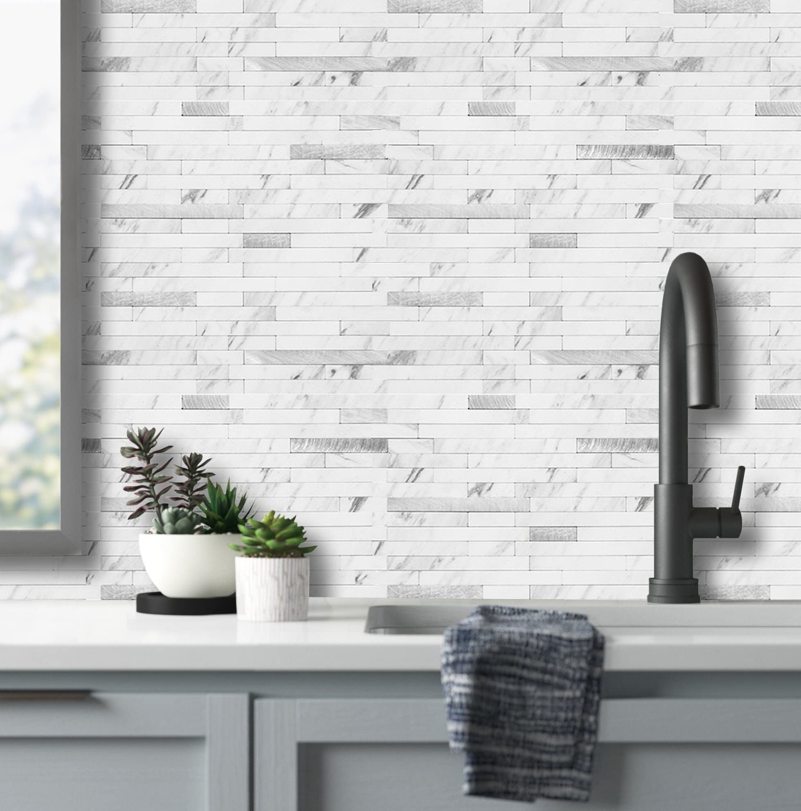AULIGET 20 Sheets Faux Stone Peel and Stick Backsplash, White Marble Look PVC