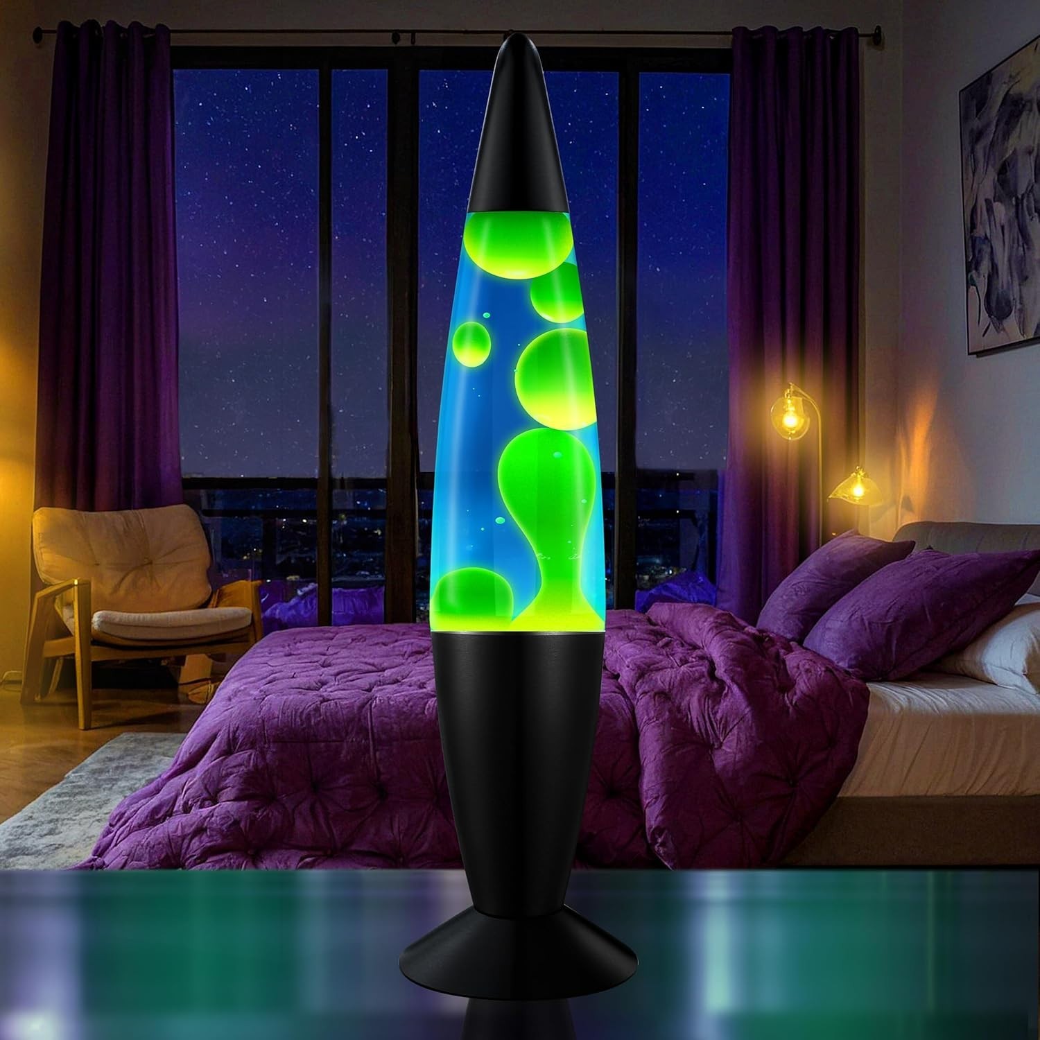 16" Beautiful Lamp- Blue with Yellow/Green Wax, Relaxing Liquid Lamp for Livi…