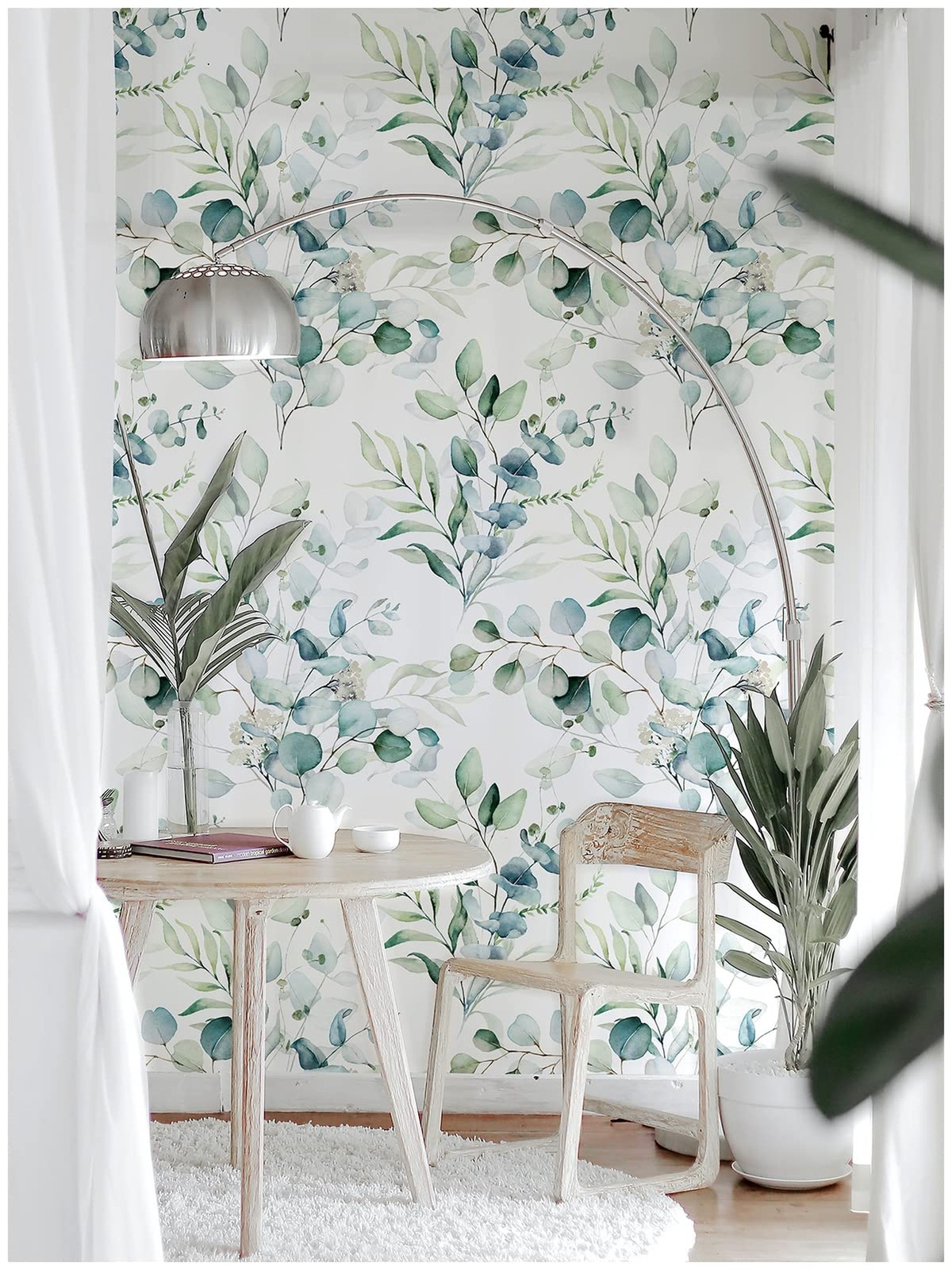 HAOKHOME Peel and Stick Wallpaper Boho Green/White Eucalyptus Leaf Floral Wal…