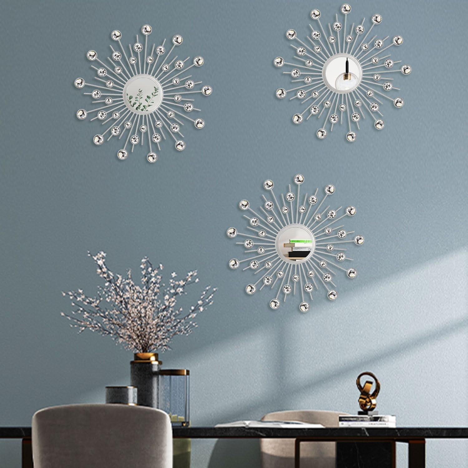 Uaussi 3 Pack Crystal Sunburst Wall Mirror Décor Rhinestone Mirrors Decorat