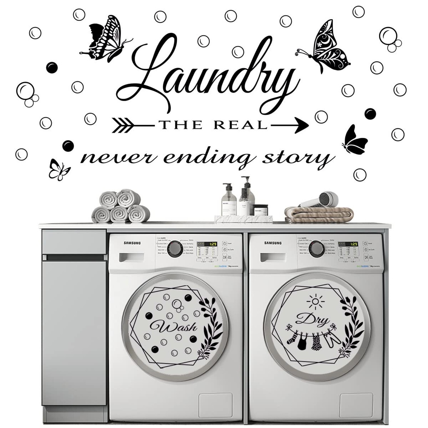 2 Sheets Wall Stickers Laundry Room Vinyl Wall Decal Wash Dry Vinyl Laundry S…